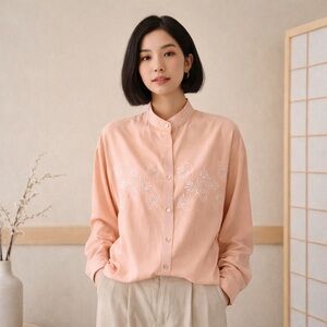 VINTAGE 100% SILK EMBROIDERED BUTTON DOWN TUNIC TOP SIZE LARGE SALMON